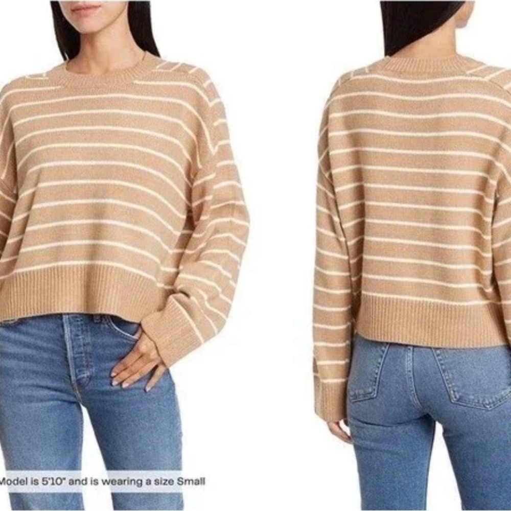 Tahari Tan and White Striped Crew Neck Sweater